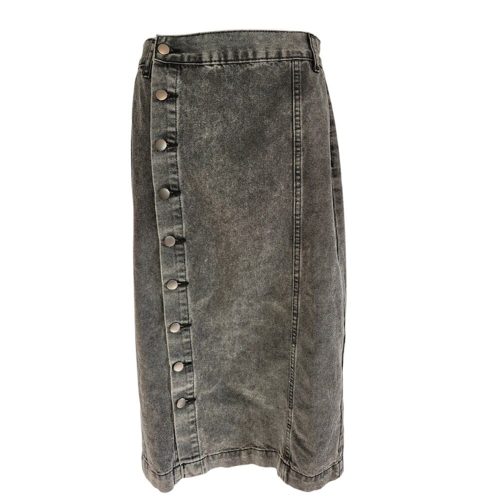 High waist midi denim skirt faded black assymetrical button front size M